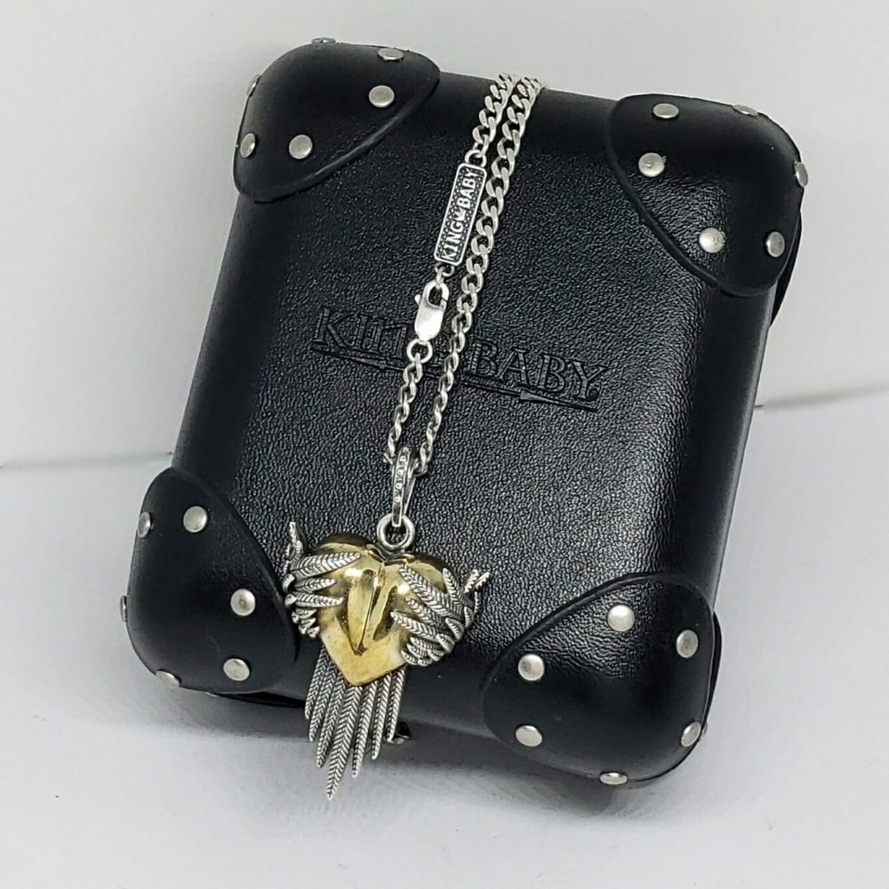 King Baby Heart Wrapped in Raven Wings Necklace